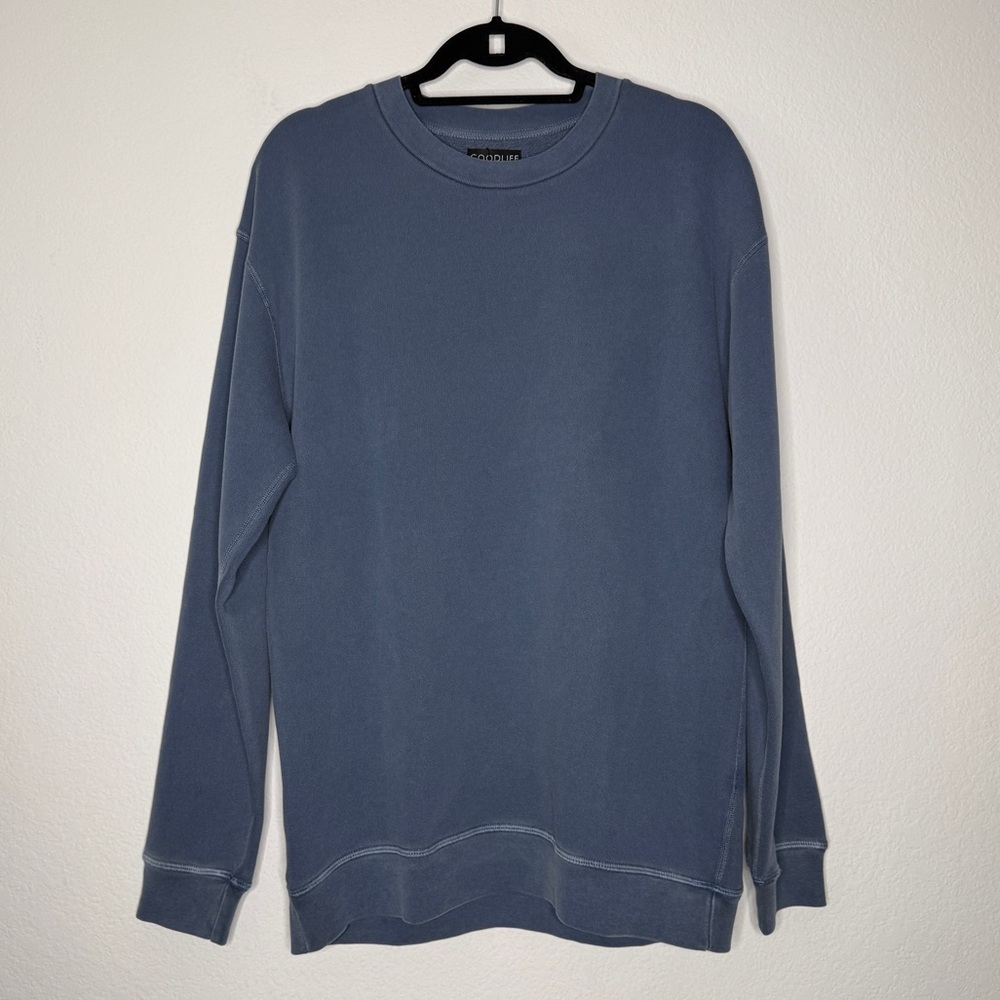 Goodlife Steel Blue Crewneck Long Sleeve Cotton Distressed Wash Top NWT Size L